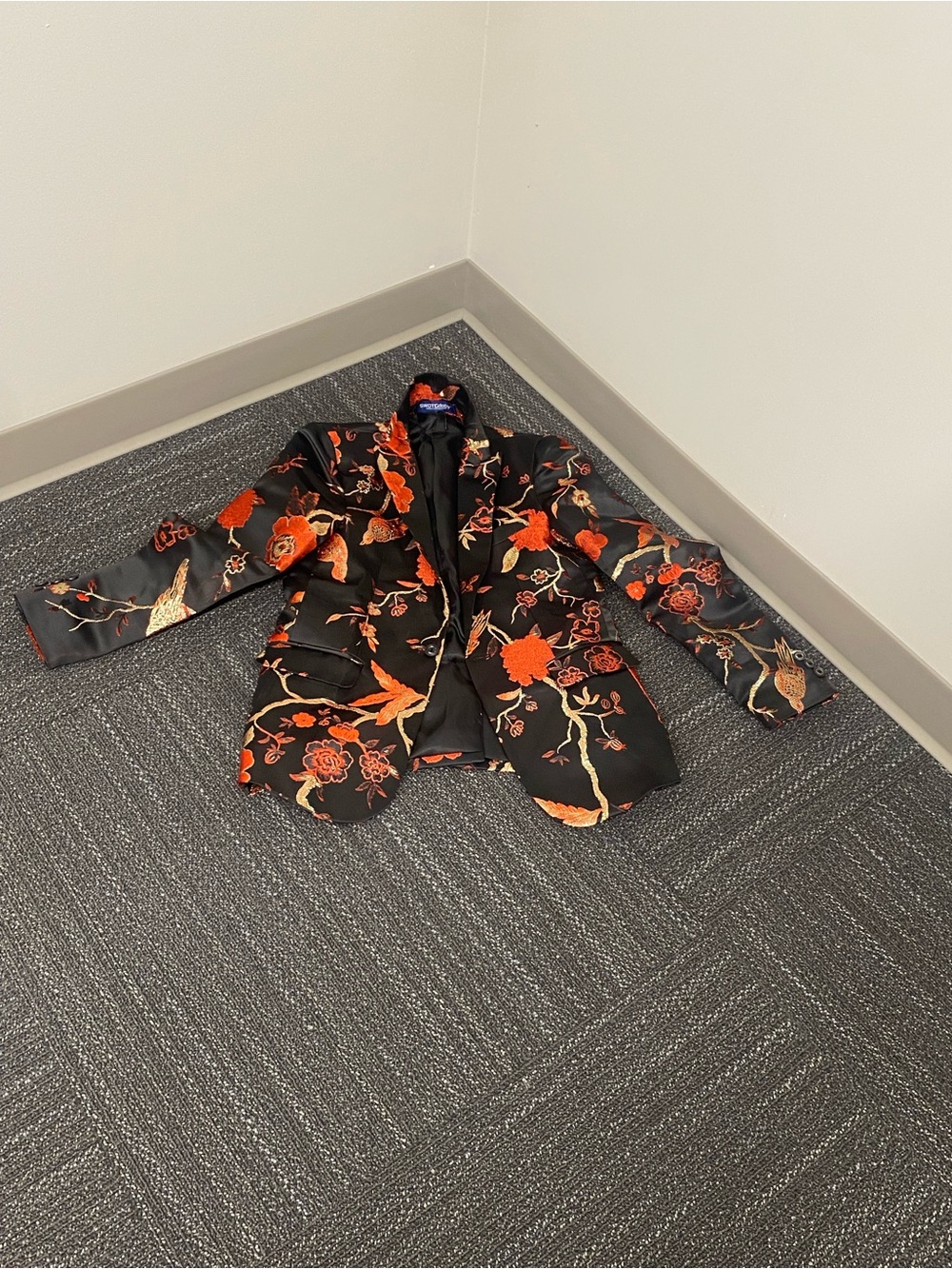 SWOTgdoby Embroidered Black Blazer with Orange Floral Accents